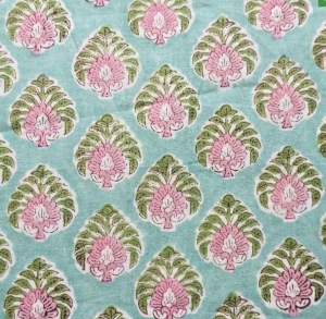 Baumwollstoff---Indien----blockprint-Handdruck-Blumen-acqua-rosa-grn---50-cm