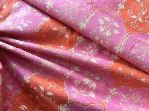 Baumwollstoff---Indien----blockprint-Handdruck-Ornamentmuster-pink-orange-cremewei---50-cm