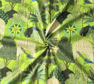 Reststck-Baumwollstoff---Indien----blockprint-Handdruck-Blumen--Pfau-grn---250-cm