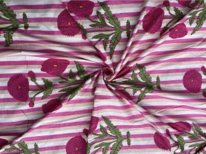 Baumwollstoff---Indien----blockprint-Handdruck-Blumen-Streifen-pink-creme-grn---50-cm