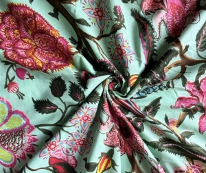 Baumwollstoff---Indien----blockprint-Handdruck-Blumen-aqua-pink---50-cm