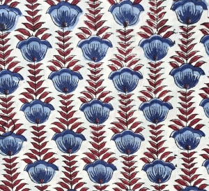 Baumwollstoff---Indien----blockprint-Handdruck-Blumen-cremeweiss-blau-rot----50-cm