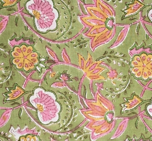 Baumwollstoff---Indien----blockprint-Handdruck-Blumen-grn-rosa-gelb---50-cm