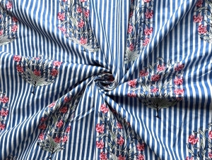 Baumwollstoff---Indien----blockprint-Handdruck-Blumen-Streifen-blau-pink-wei---50-cm