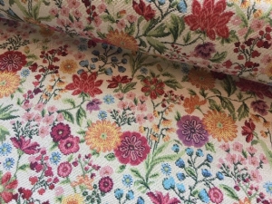 Gobelin-Trachten-Dirndl-Stoff--Jacquard-Vroni---knitterfrei---Blumen---cremeweiss---50-cm