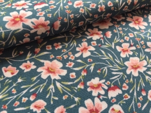 Viskose-Popeline-Stretch----dehnbar---Blumen-dunkles-mintgrn-pfirsich---50-cm