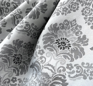 Jacquard-Dirndl-Stoff-Blumen---knitterfrei--Ornamentmuster---grau-schwarz---200-cm