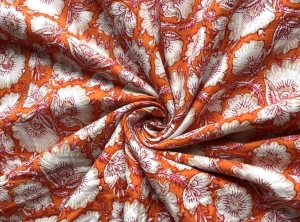 Baumwollstoff---Indien----blockprint-Handdruck-Blumen-hell-orange-rosa-creme---50-cm