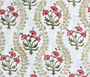 Baumwollstoff---Indien----blockprint-Handdruck-Blumen-Rankenmuster-cremeweiss-rot-gelb-grn---50-cm