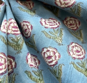Baumwollstoff---Indien----blockprint-Handdruck-Blumen-blau-pink-wei---50-cm
