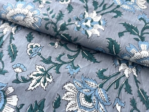 Baumwollstoff---Indien----blockprint-Handdruck-Blumen---50-cm