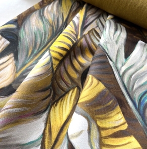 Trachten-Dirndl-Stoff---knitterarm---Blattmuster----senfgelb---190-cm