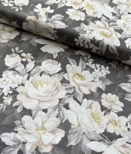 Dirndl-Stoff-Blumen---grau-creme-----100-cm
