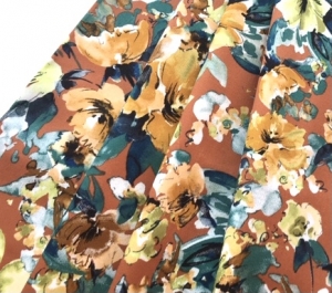 Reststck-Baumwollsatin-Stretch---Blumen--cognac-petrol-grn---200-cm