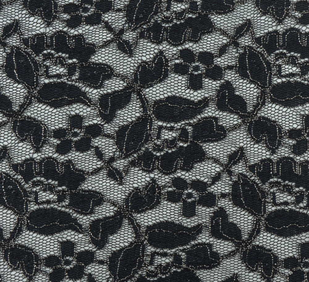 Bild 1 von Reststück Spitze Blumen  lace - leicht dehnbar  - schwarz silber  - 115 cm