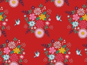 Bild 1 von Baumwollstoff Popeline - Blumen Vögel  - rot -  50 cm