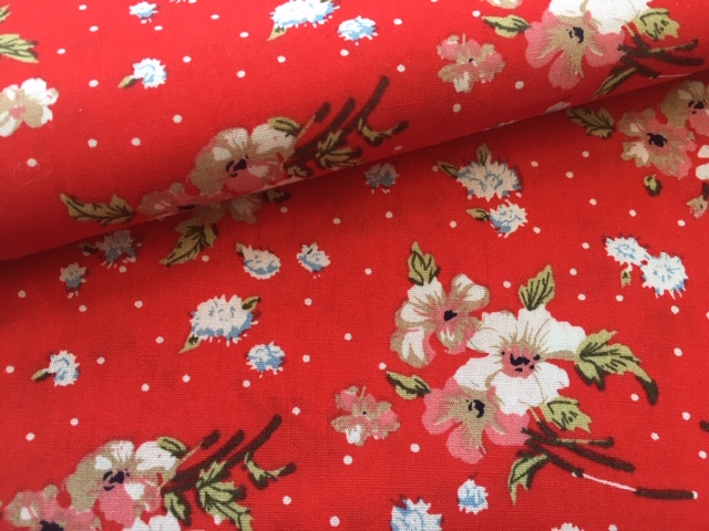 Bild 1 von Dirndl Stoff Blumen - rot creme pfirsich hellbau  - 50 cm