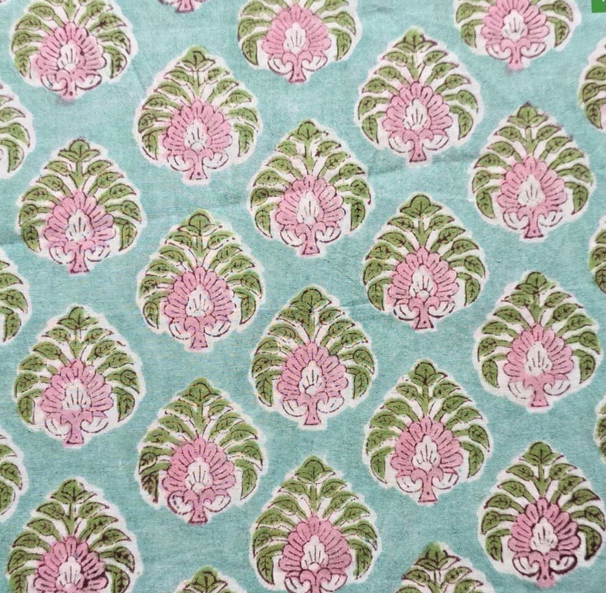 Bild 1 von Baumwollstoff - Indien  - blockprint Handdruck Blumen acqua rosa grün - 50 cm