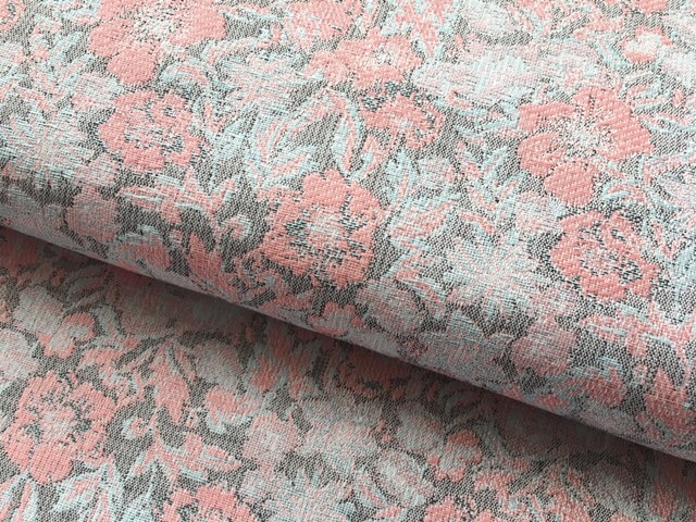 Bild 1 von Jacquard Stoff Trachten Dirndl  - knitterfrei - Blume - grau peach pfirsich mintblau  -50 cm
