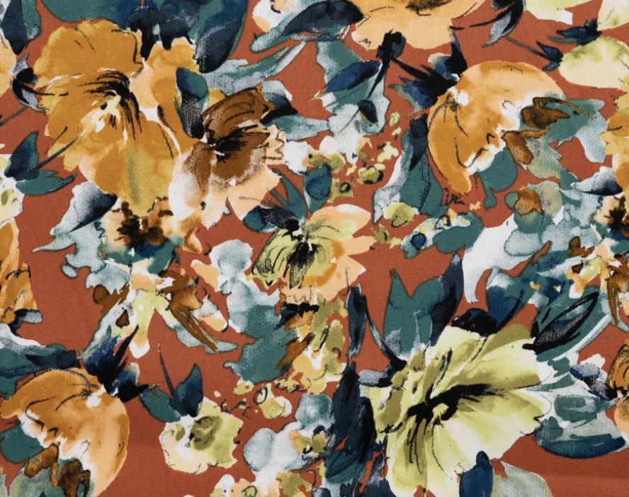 Bild 1 von Baumwoll Stretch Satin-Stoff - Blumen  cognac petrol grün - 50 cm