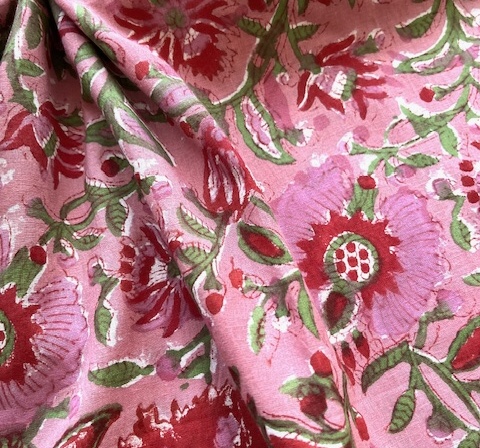 Bild 1 von Baumwollstoff - Indien  - blockprint Handdruck Blumen wassermelonen-pink rot grün  - 50 cm