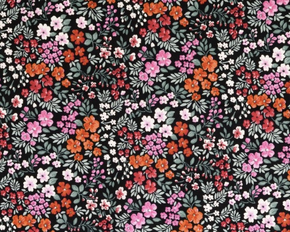 Bild 1 von Dirndl Stoff  kleine Blumen - schwarz orange rosa rot    - 50 cm