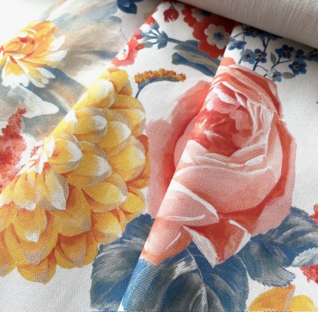 Bild 1 von Trachten Dirndl Stoff - knitterarm - Blumen groß - cremeweiss koralle gelb - 180cm