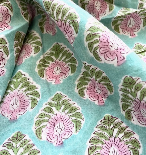 Bild 1 von Baumwollstoff - Indien  - blockprint Handdruck Blumen acqua rosa grün - 50 cm