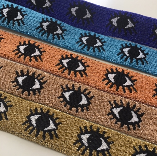 Bild 1 von Gummiband für Trachtengürtel - 3 cm  - Augen lila lurex  -  Dirndlgürtel elastisch gewebt