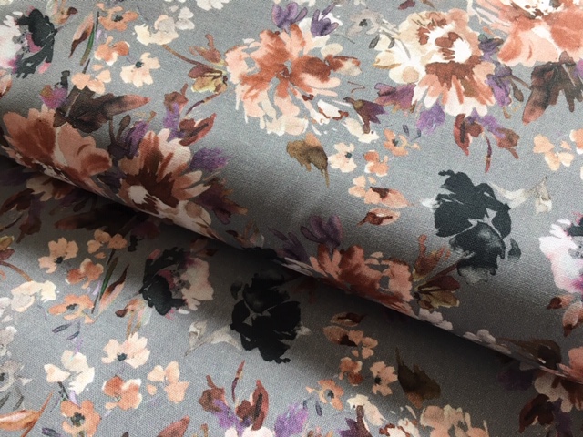 Bild 1 von Reststück Trachten Dirndl Baumwolldruck - Blumen  - grau  pfirsich  - 60 cm