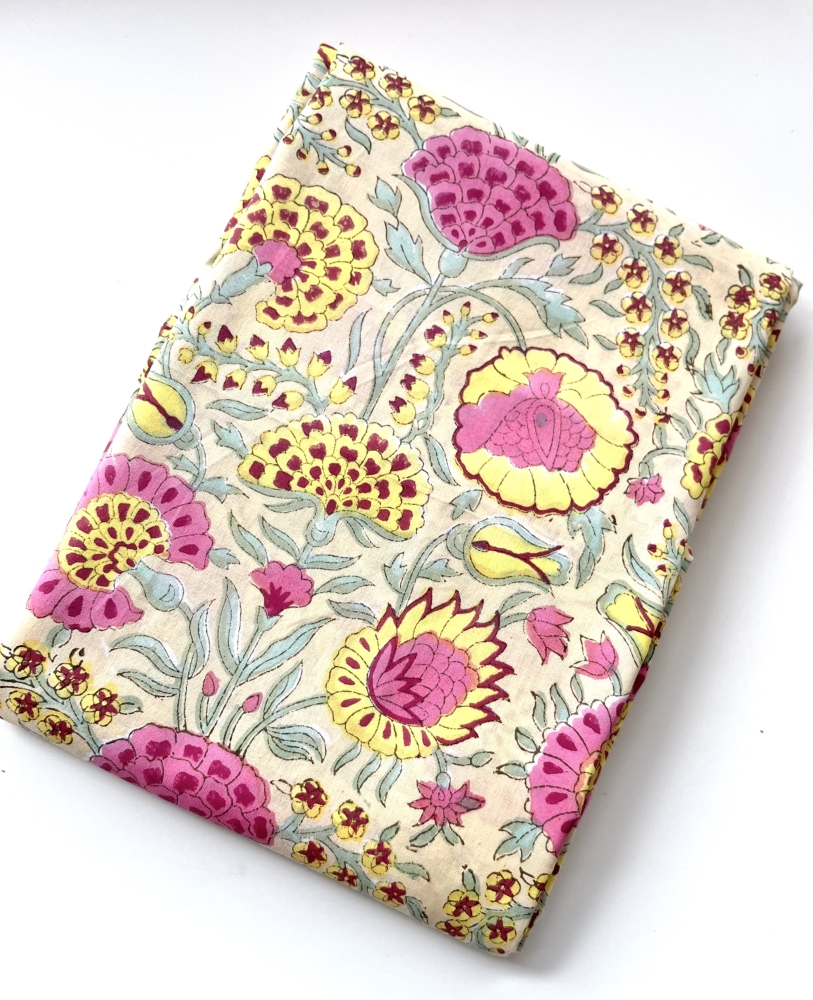 Bild 1 von Baumwollstoff - Indien  - blockprint Handdruck Blumen zartes gelb mint beere - 50 cm