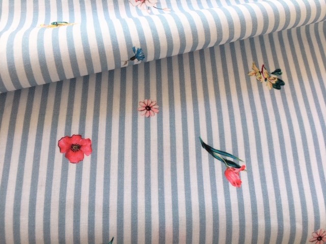 Bild 1 von Reststück Dirndl Stoff Blumen Streifen - hellblau weiß - 115 cm