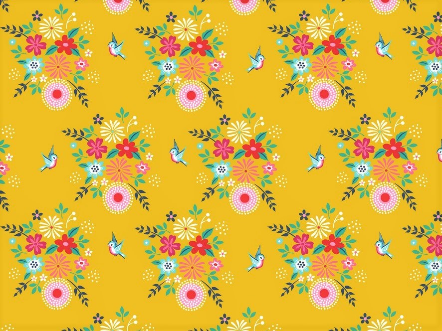 Bild 1 von Baumwollstoff Popeline - Blumen Vögel  - senf gelb -  50 cm