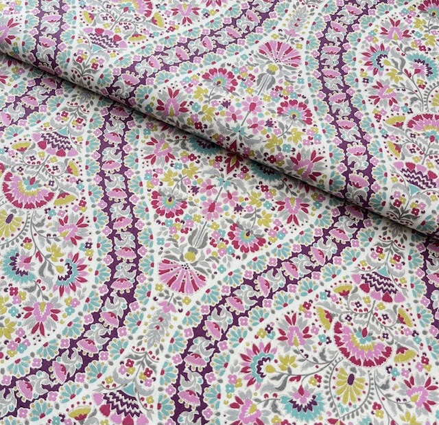 Bild 1 von Reststück Dirndl Stoff Blumenornament - cremeweiss lila  - 260 cm