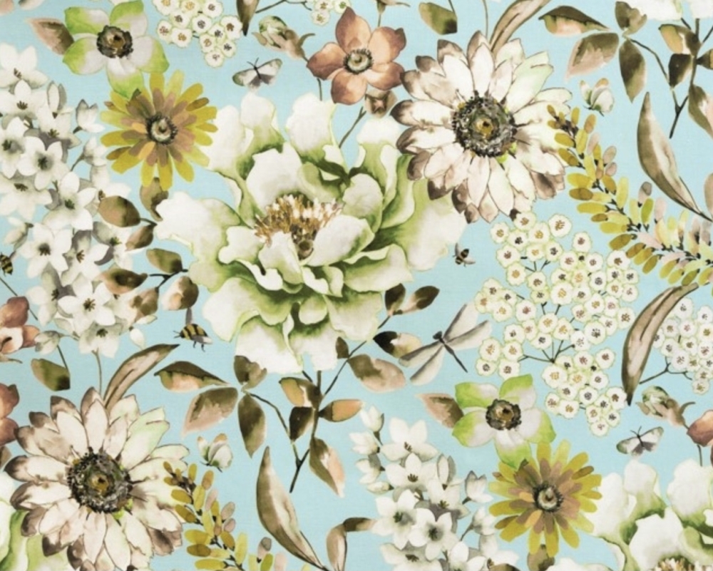 Bild 1 von Trachten Dirndl Stoff - knitterarm - Blumen groß - türkisgrün cremeweiß pastel  - 200 cm