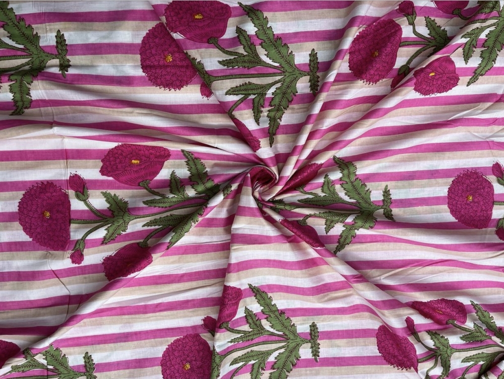 Bild 1 von Baumwollstoff - Indien  - blockprint Handdruck Blumen Streifen pink creme grün - 50 cm