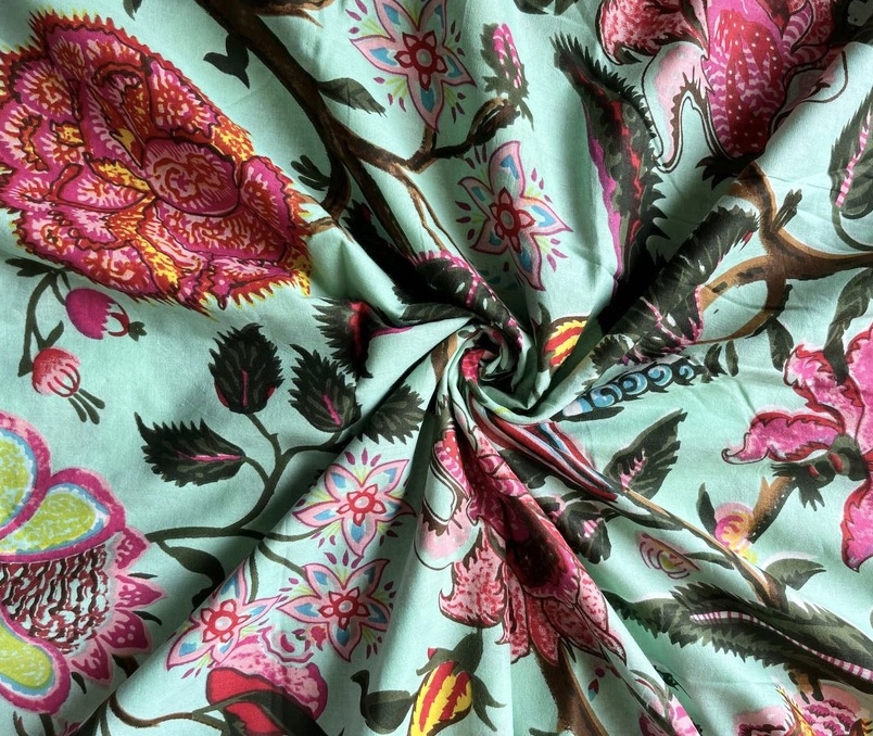 Bild 1 von Baumwollstoff - Indien  - blockprint Handdruck Blumen aqua pink - 50 cm