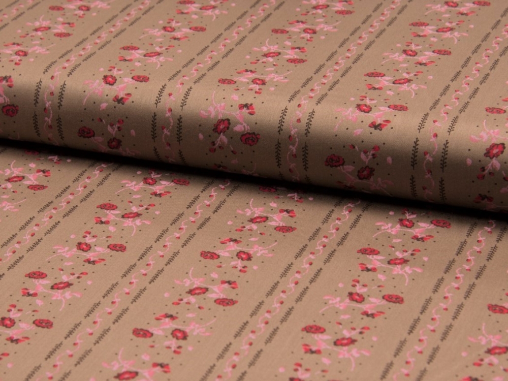 Bild 1 von Dirndl Stoff Baumwollsatin Blumenranken - dunkles beige sand -  rosa rot- 50 cm
