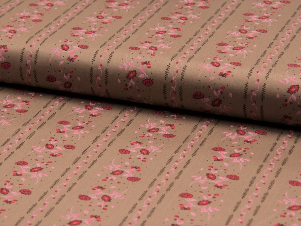 Bild 1 von Dirndl Stoff Baumwollsatin Blumenranken - taupe sand -  rosa rot- 50 cm