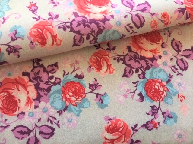 Bild 1 von Dirndl Stoff Blumen - creme weiß türkisblau rot - 50 cm