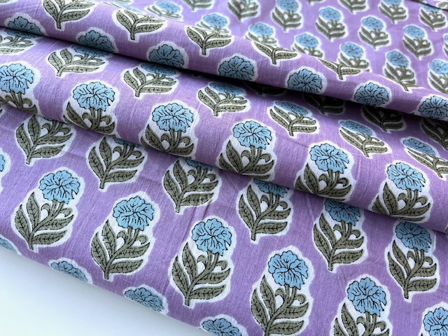 Bild 1 von Baumwollstoff - Indien  - blockprint Handdruck Blumen zartes lila grün hellblau - 50 cm