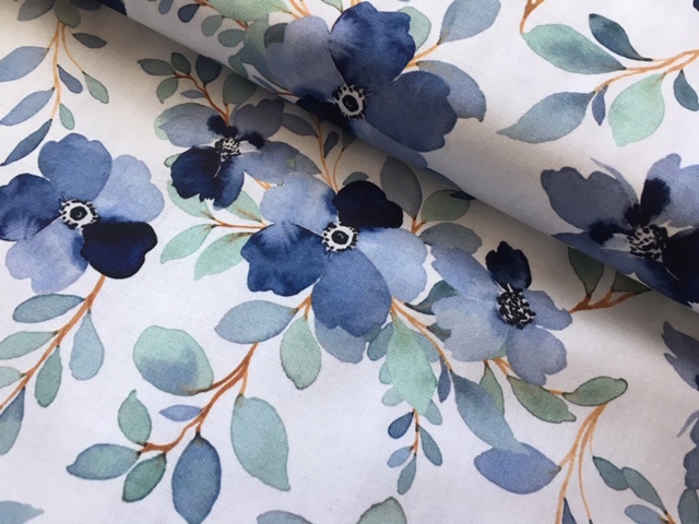 Bild 1 von Reststück Trachten Dirndl Baumwolle  - Blumen  - weiß salbei blau pastell - 90cm