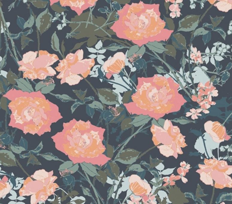 Bild 1 von Baumwollstoff - Blumen  groß -  grau grün Pfirsich - 50 cm