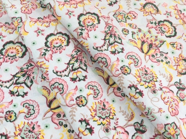 Bild 1 von Reststück Dirndl Stoff Blumen Paisley - weiß senfgelb rosa -  115 cm