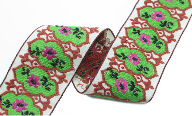 Bild 1 von Borte Jacquardborte Webband Band  - 45 mm breit - creme grün rosa 