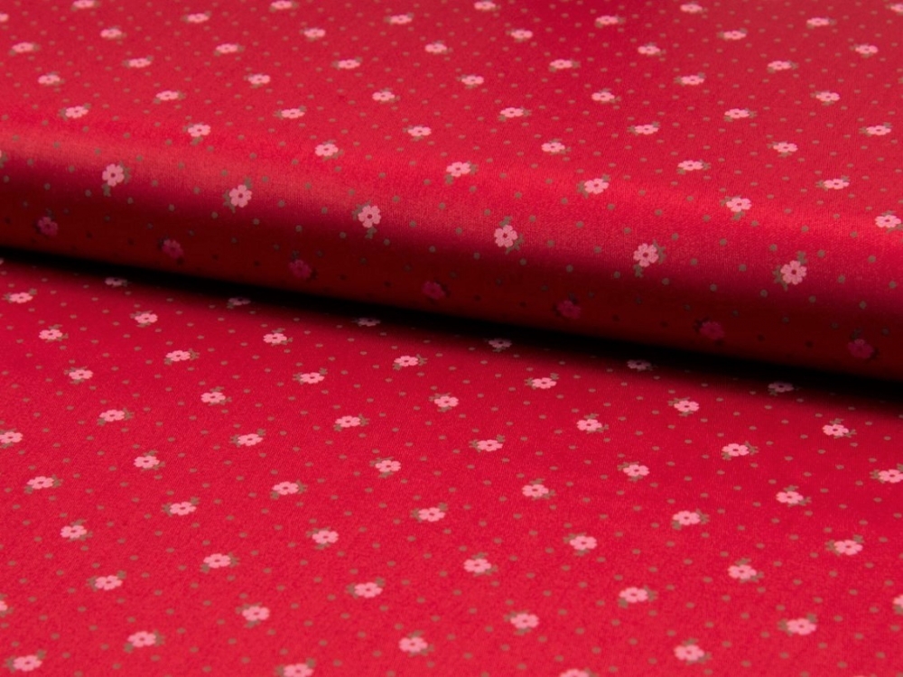 Bild 1 von Dirndl Stoff Baumwollsatin kleine Blumen mit Punkten - rot- 50 cm