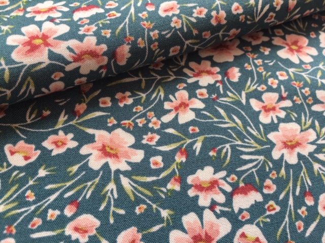 Bild 1 von Viskose Popeline Stretch  - dehnbar - Blumen dunkles mintgrün pfirsich  -50 cm
