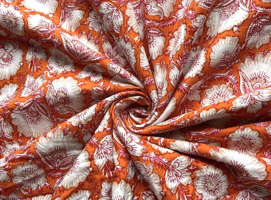 Bild 1 von Baumwollstoff - Indien  - blockprint Handdruck Blumen hell orange rosa creme - 50 cm