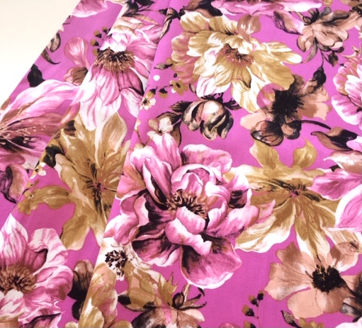 Bild 1 von Baumwoll Stretch Satin-Stoff - grosse Blumen pink fuchsia senf - 50 cm