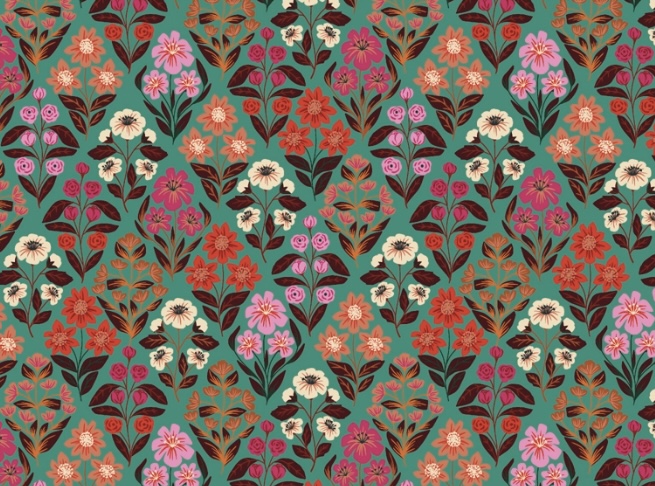 Bild 1 von Baumwollstoff - Blumen türkisgrün orange rosa pink    - 50 cm